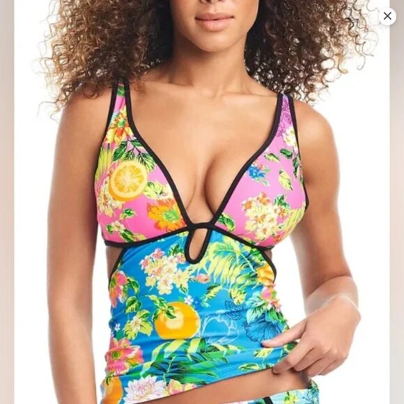 Bar III Women's Printed Plunge-Neck Tropical-Print Tankini - Size: Large - NWT - Picture 1 of 15
